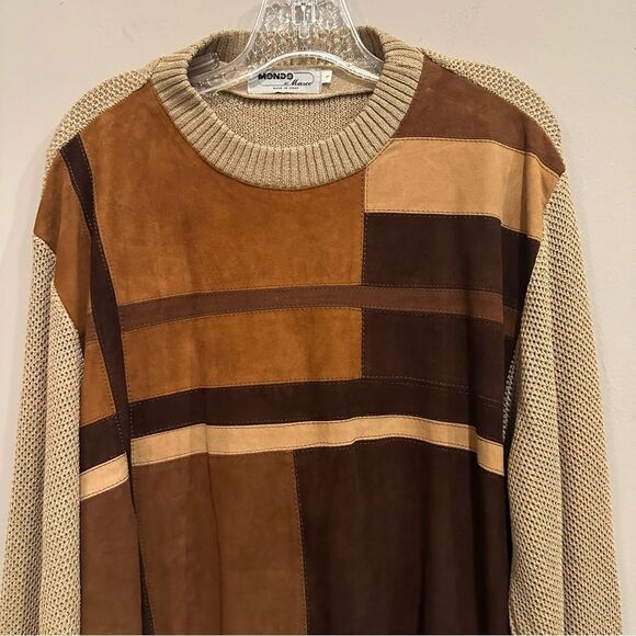 MONDO Vintage Sweater Mens Size Large Suede Knit Crew Italy - Picture 2 of 9